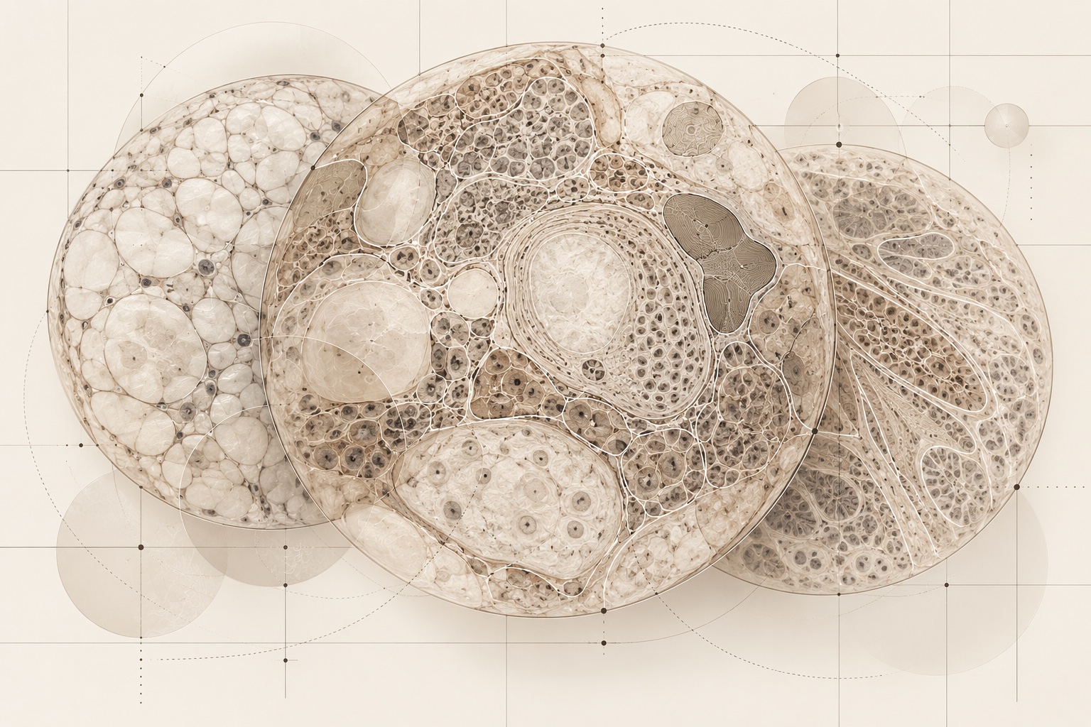 Layered tissue sections with segmentation contours and a measurement grid